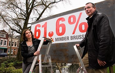 SP candidates Jessica van Ruitenburg and Dennis de Jong putting up the first SP posters of the campaign